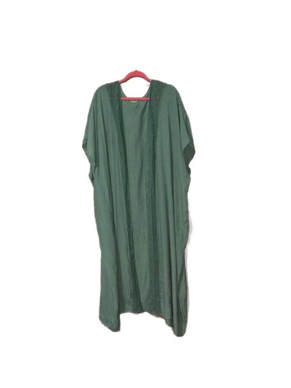 Sage Green Lace Trim Long Kimono Beach Cover-Up
